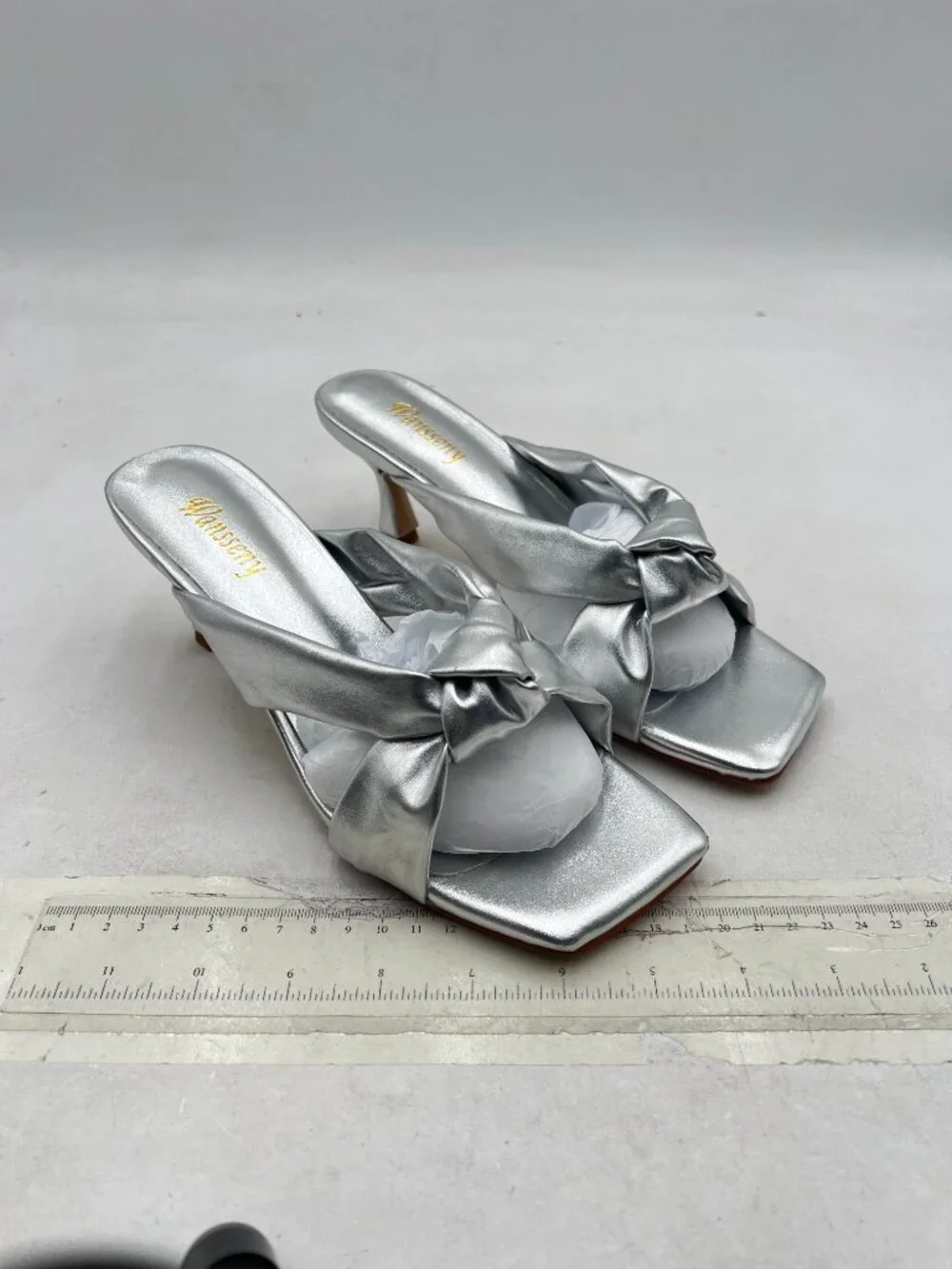 Wansseny Silver Open Square Toe Mid Heel Mules Slip On Ladies Summer Sandals